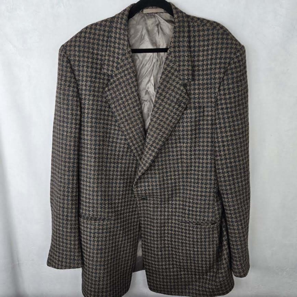 VTG Black Houndstooth Blazer Mens Union Made USA 70's Sport Coat 46L 100% Wool‎